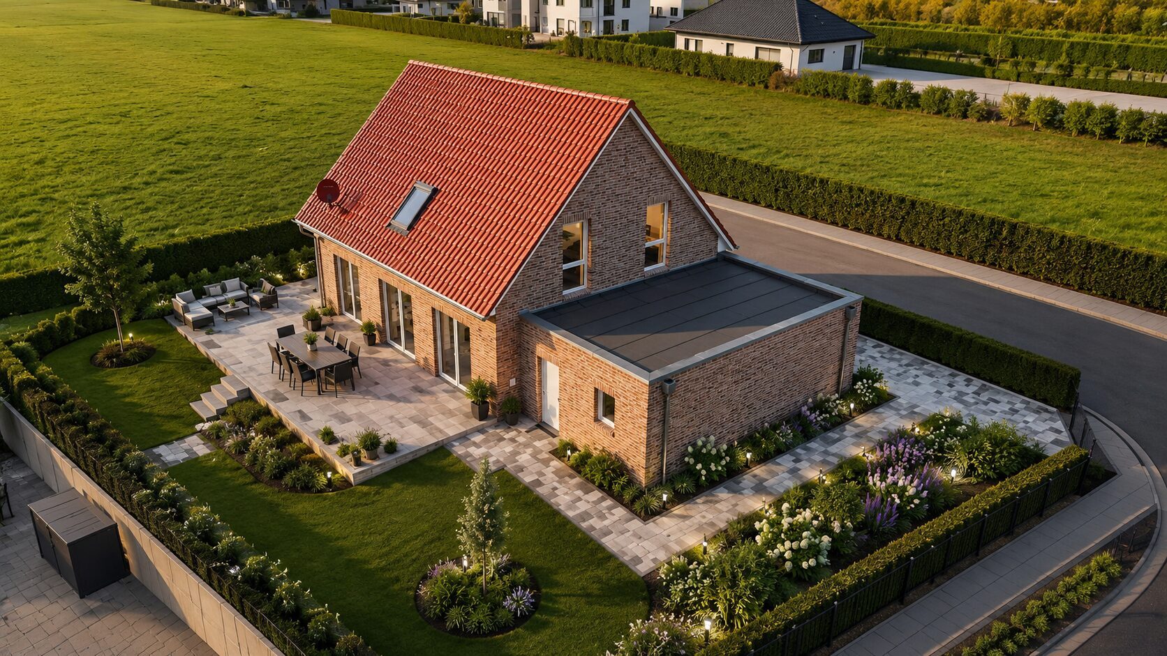 Einfamilienhaus mit Klinkerfassade und rotem Ziegeldach, Terrasse und Garten in der Abenddämmerung