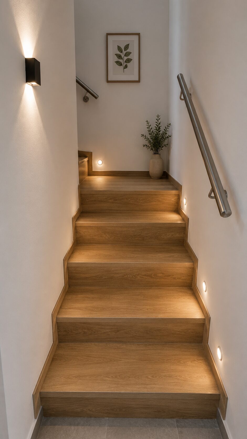 Holztreppe mit Edelstahlgeländer und indirekter Stufenbeleuchtung